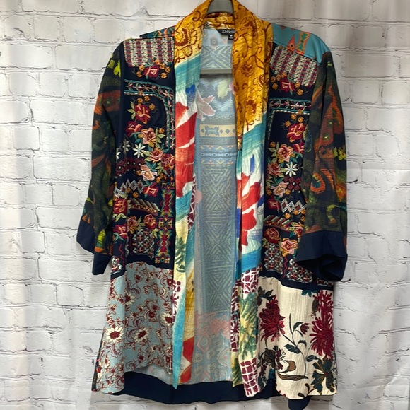 John Mark Tops - John•Mark block floral patterns embroidered front open medium cardigan